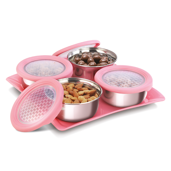 Jewel Occasion Stainless Steel Containers Set of Four with Tray - Pink